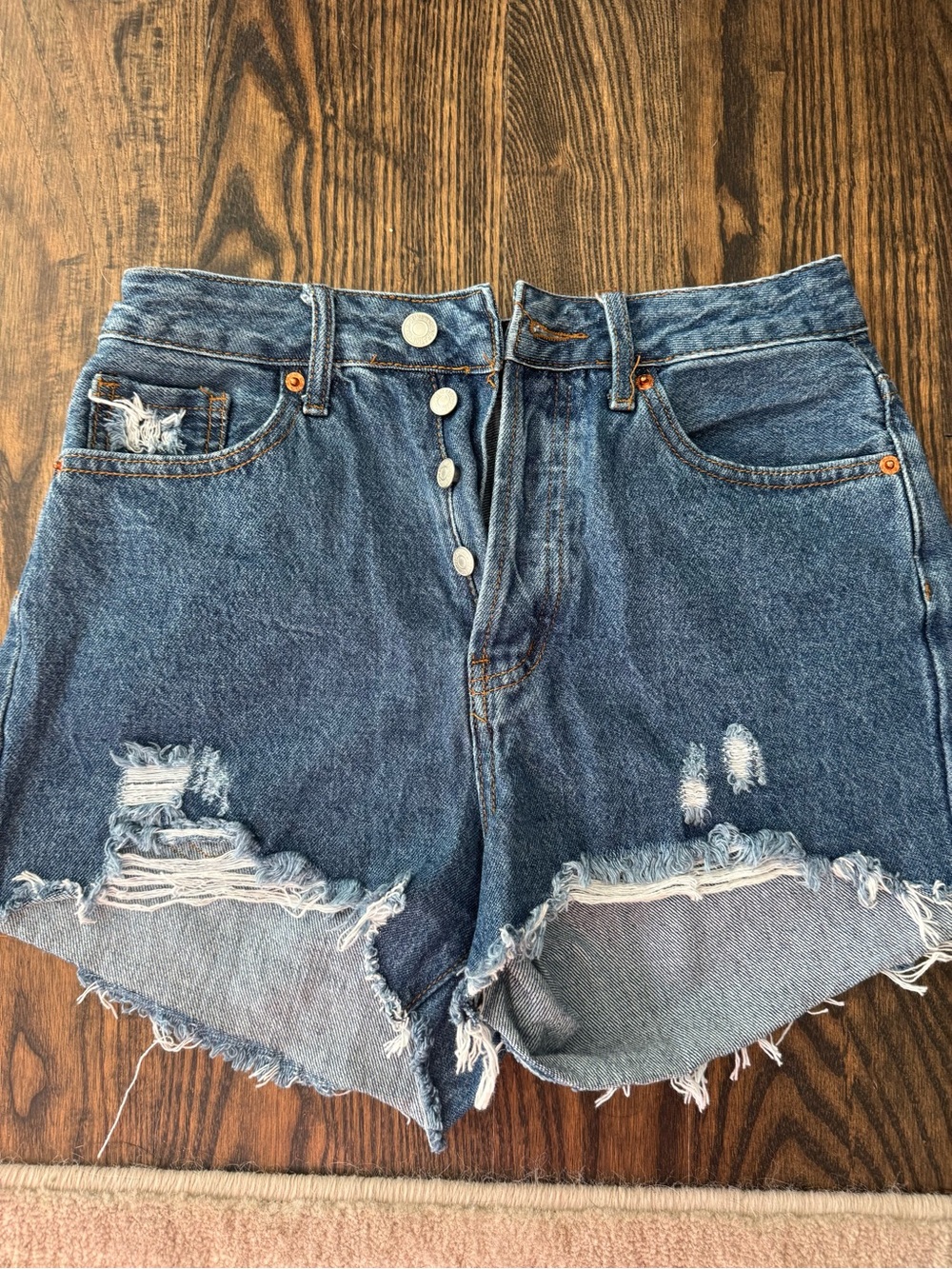 High-Rise Distressed Denim Shorts - Blue